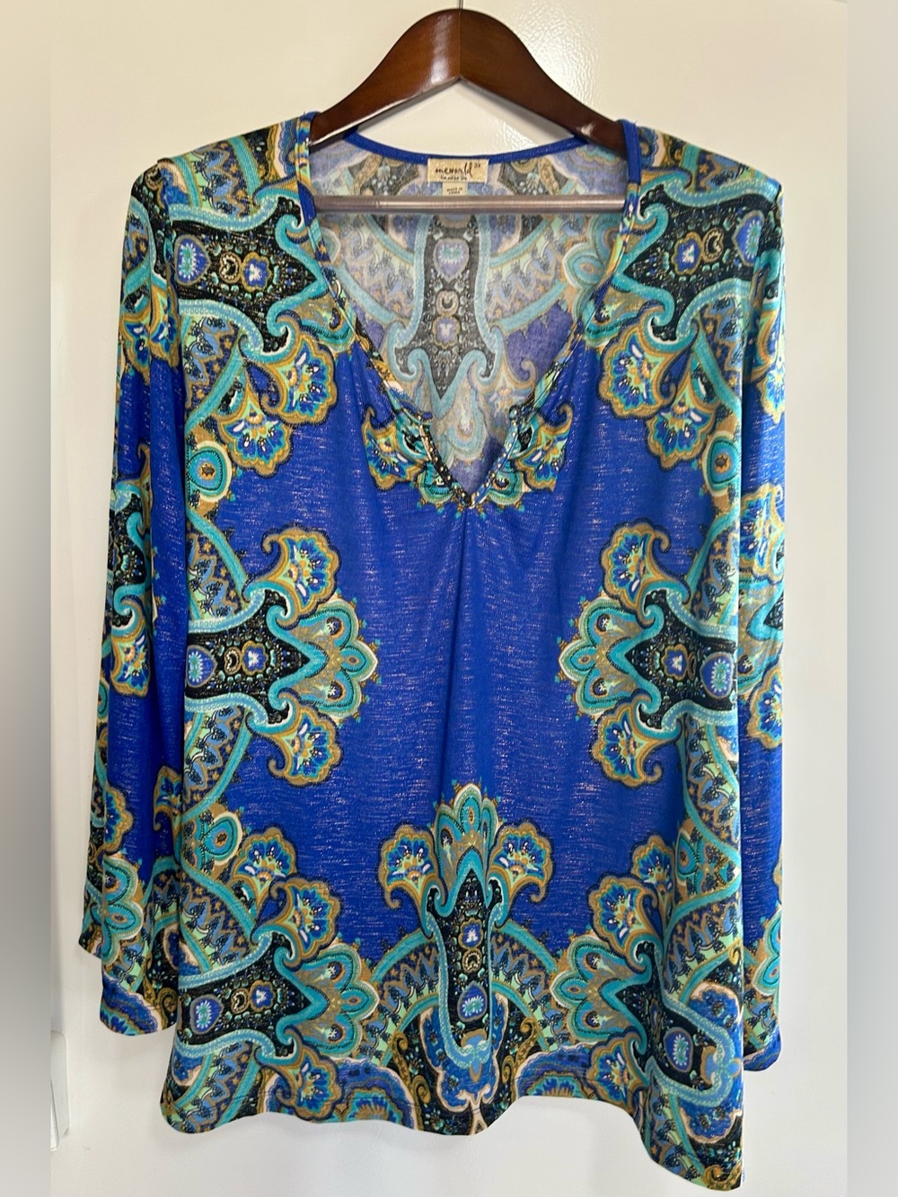 One World Live and Let Live Romantic Pull over Blouse Women's 3X Blue Green Gold